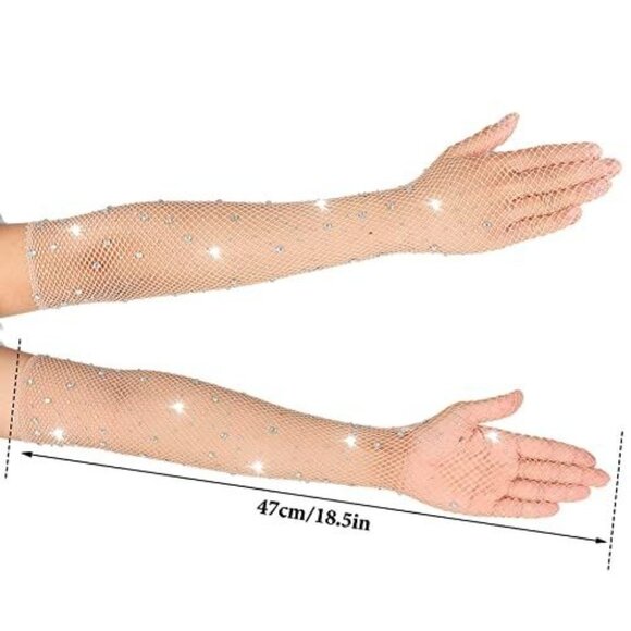 WHITE Mesh Rhinestone Opera Length Showgirl Gloves NEW NIP - Picture 2 of 3